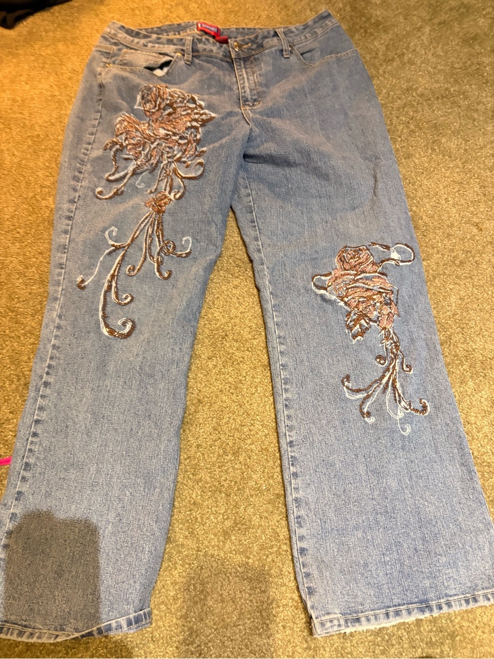 Westport Light Blue Straight-Leg Jeans with Brown & Cream Embroidery